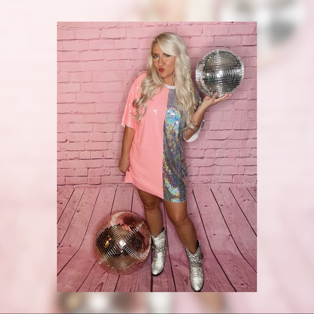 ✨SOLD✨ Pink and Silver Sequin Disco T-Shirt Dress